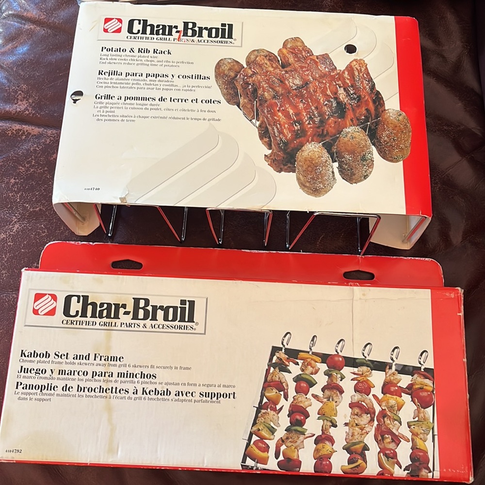 Stainless Grill Chrome Plated Skewer Frame, Rib/Potato Rack, Thongs, & Spatula.